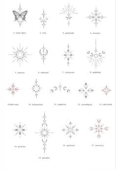 the different types of snowflakes are shown in black and white, with pink accents