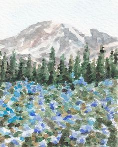 watercolor painting of mountains and trees with blue flowers in the foreground on a white background