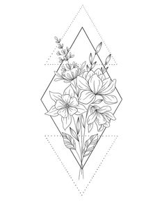 a black and white drawing of flowers on a diamond shaped background with an outline in the middle