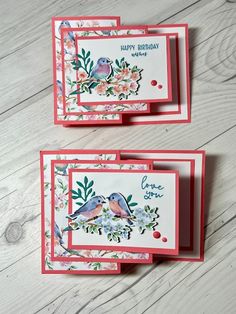 three cards with flowers and birds on them, one is for someone's birthday