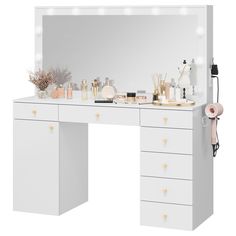 a white vanity with lights on it and a mirror above it that has various items in front of it