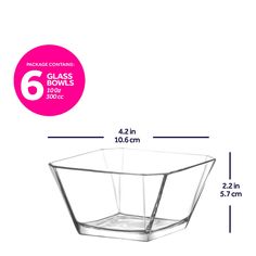 a large clear glass bowl with measurements for the bottom and side sides, on a white background