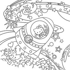 hello kitty flying through the sky with stars and planets around her, coloring page for kids