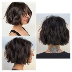 Bob Short Layers, Short A Line With Bangs, Bob Short In The Back, Short Hairstyle Women 360 View, Wavy Hair Short Bob, Shag Lob Haircut With Curtain Bangs, Short Bob With Bangs Thick Hair, Short Hair For Thick Hair Women, Short Choppy Bobs For Thick Hair With Bangs