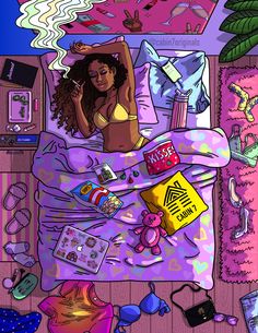 a woman laying in bed with her head on the pillow and other items scattered around