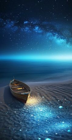 a boat sitting on top of a sandy beach under a night sky filled with stars