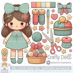 the crafty doll is surrounded by sewing supplies and crafts, including scissors, yarns,