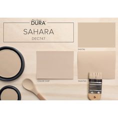 some paint colors and brushes on a wooden surface with the words dura sahar dec 477