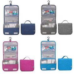 four different types of travel bags with toothbrushes and other items in them on white background