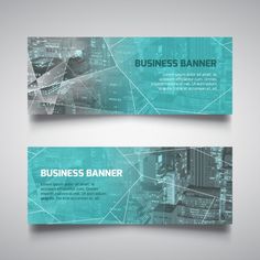 two business banners with abstract shapes and lines on the front, back and side of each banner