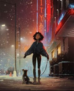 a woman is walking her dog in the snow at night with neon lights behind her