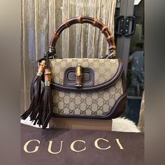 Great Conditions Like New. 9/10 Luxury Brown Bags With Bamboo Handle, Luxury Brown Bag With Bamboo Handle, Brown Gucci Bag With Bamboo Handle, Designer Gucci Shoulder Bag With Bamboo Handle, Bamboo Top, Bags Gucci, Leather Tassel, Gucci Bags, Beige Brown