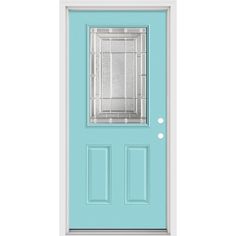 a blue door with a glass window on the top and bottom panel, against a white background