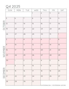 a pink and white calendar with the month on it