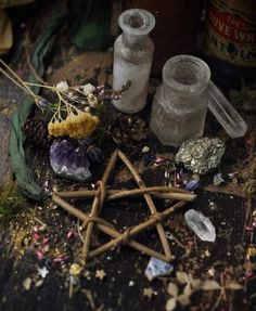 the star of david is surrounded by crystal and wood sticks, rocks, and flowers