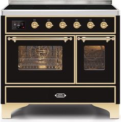 40" Freestanding Induction Range with 6 Element Burners, Double Oven, 3.82 Cu. Ft. Total Capacity, Warming Drawer, and Self-Clean: Glossy Black, Brass Trim. Magnetic waves induce heat directly in the pan for quick boiling and intense sears, leaving less heat on the surface. The large capacity oven gives plenty of space to cook multiple dishes. It provides storage for pots and pans. It also serves as the dish warmer drawer by using the residual heat from the oven for heating up your plates. Makes Ilve Majestic, Freestanding Double Oven, Double Oven Range, Kitchen Centerpiece, Freestanding Cooker, Induction Range, Fancy Kitchens, Dual Fuel Ranges, Cool Doors