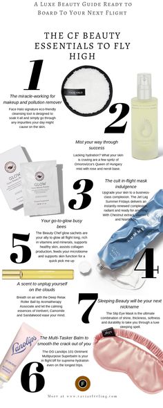 The CF Beauty Editors Picked their Essentials to pack ready for your next flight. Hydrated face and skin on air we say YAS. Create an in-flight step by step ritual and forget about jet lag side effects on your arrival #cleanbeauty #cleanskincare #hydratedskin #inflightroutine #upintheair #flightessentials #glowskin #summerfridays #beautychef #facehalo #lanolips #slip #jetlag In Flight Skincare, Travel Minis, Flight Essentials, Sydney Restaurants, Life Routines, Beauty Guide, Jet Lag, Face Hydration, Beauty Magazine