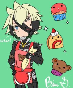 an anime character with many different items around his neck and head, including cupcakes