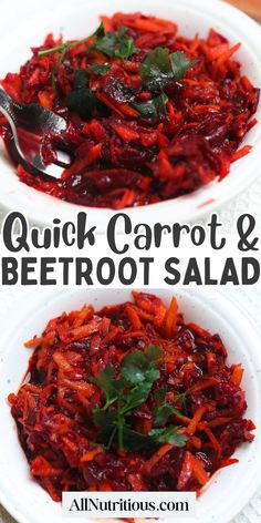 two white bowls filled with beetroot and carrot salad on top of a table