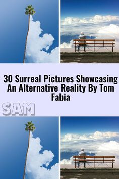 three different pictures show the same person sitting on a bench with clouds in the background