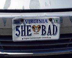 a license plate that says, virginia she bad on the front of a silver car