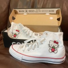 Custom Hello Kitty Converse. White Hi-Top Converse With Hello Kitty Print. Hello Kitty Holding A Strawberry. Womens Size 6.5, Mens Size 4.5 Brand New Anime Converse Shoes, Sanario Shoes, Strawberry Converse, Hellokitty Shoes, Converse Shoes White, Hello Kitty Converse, Print Hello Kitty, Custom Hello Kitty, Aesthetic Converse