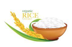 rice in a bowl and ears of wheat on a white background with the words organic rice