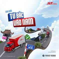 a red truck driving down a curvy road next to a sign that says tu bac vao nam