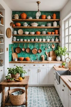 a kitchen filled with lots of pots and pans on top of shelves above a sink