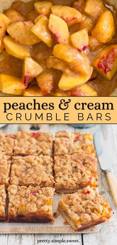 peaches and cream crumble bars with text overlay