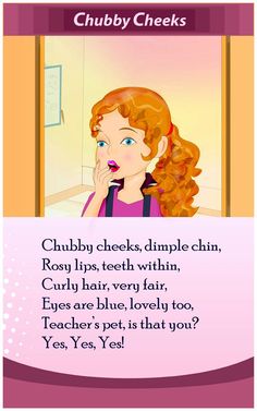 a cartoon girl talking on her cell phone with the caption chubby checks, rosy lips, dimple chin, rosy lips, curly hair, very blue