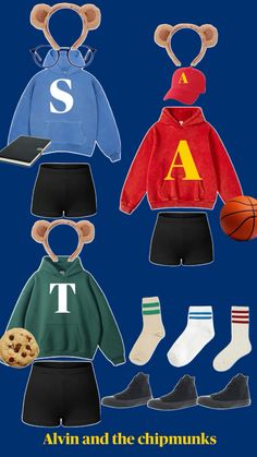 an image of children's clothing and shoes with the letter a on them in different colors