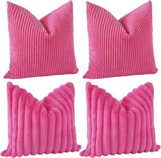 three pink pillows with pleated edges on white background