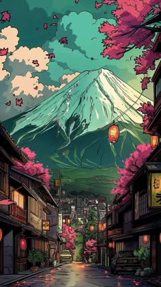 an image of a city street with mountains in the background and lanterns hanging from the trees