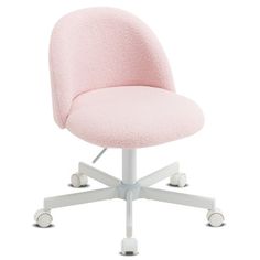 an office chair with wheels and a pink upholstered seat on a white background