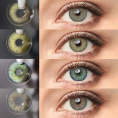 Four green lenses to try on.🌿😊 Super cute, very comfortable, and best of all, you can order them with prescriptions. 💚⁠ >>> #CrystalGreen⁠ #GraceGreen⁠ #AlphaGreen⁠ #AsaGreen⁠ #just4kira #shades #coloredcontactlens #greenlenses Olive Green Contact Lenses, Natural Green Contact Lenses, Green Lenses Eye, Green Eye Color, Colour Contact Lenses, Green Contact Lenses, Contact Lenses For Brown Eyes, Solotica Lenses, Hazel Contacts