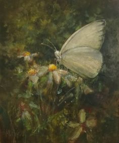 a painting of a white butterfly sitting on top of some yellow and white flowers in a field