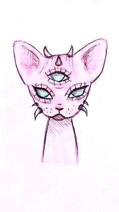 a drawing of a pink cat with blue eyes and horns on it's head