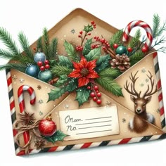 an envelope decorated with christmas decorations and candy canes