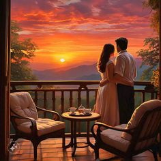 a painting of two people standing on a balcony at sunset