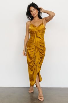 Thessaly Maxi Dress | Brushed Gold - Baltic Born Yellow Wedding Guest Dresses, Gold Ruffle Dress, Mustard Yellow Wedding, Mustard Yellow Dresses, Gold Bridesmaid Dresses, Guest Attire, Dress Makeup, Mom Dress, Style And Grace