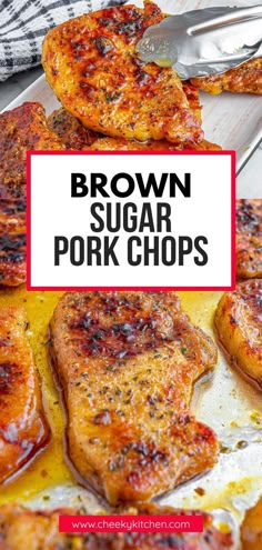 brown sugar pork chops on a plate with text overlay that says brown sugar pork chops