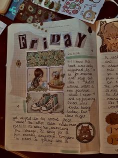 an open book with drawings and stickers on the pages that spell out friday, sitting on top of a table