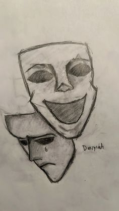 a drawing of two masks with one smiling and the other frowning