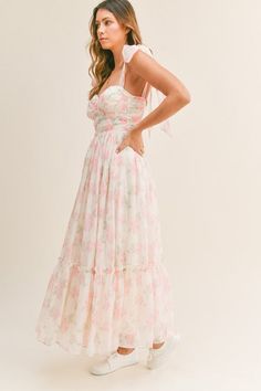 Pink Floral Print Dress, Roses Dress, Stop And Smell The Roses, Pink Floral Maxi Dress, Bra Cup, Chiffon Midi Dress, Tiered Midi Dress, Pink Floral Dress, Pink Midi Dress