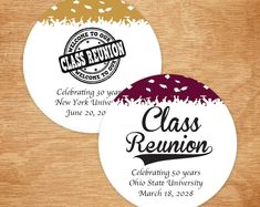 two round stickers with the words class reunion printed on them