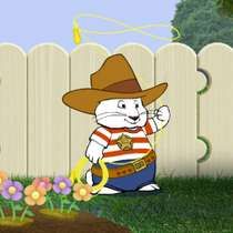 a cartoon rabbit wearing a cowboy hat and holding a lasso in front of a flower garden