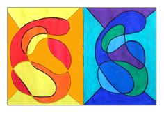 two paintings with different colors and shapes on them, one has the letter s in it