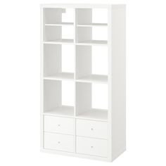 a white bookcase with four drawers and two doors on the front, against a white background