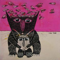 a painting of a black cat with pink background and lots of butterflies flying around it